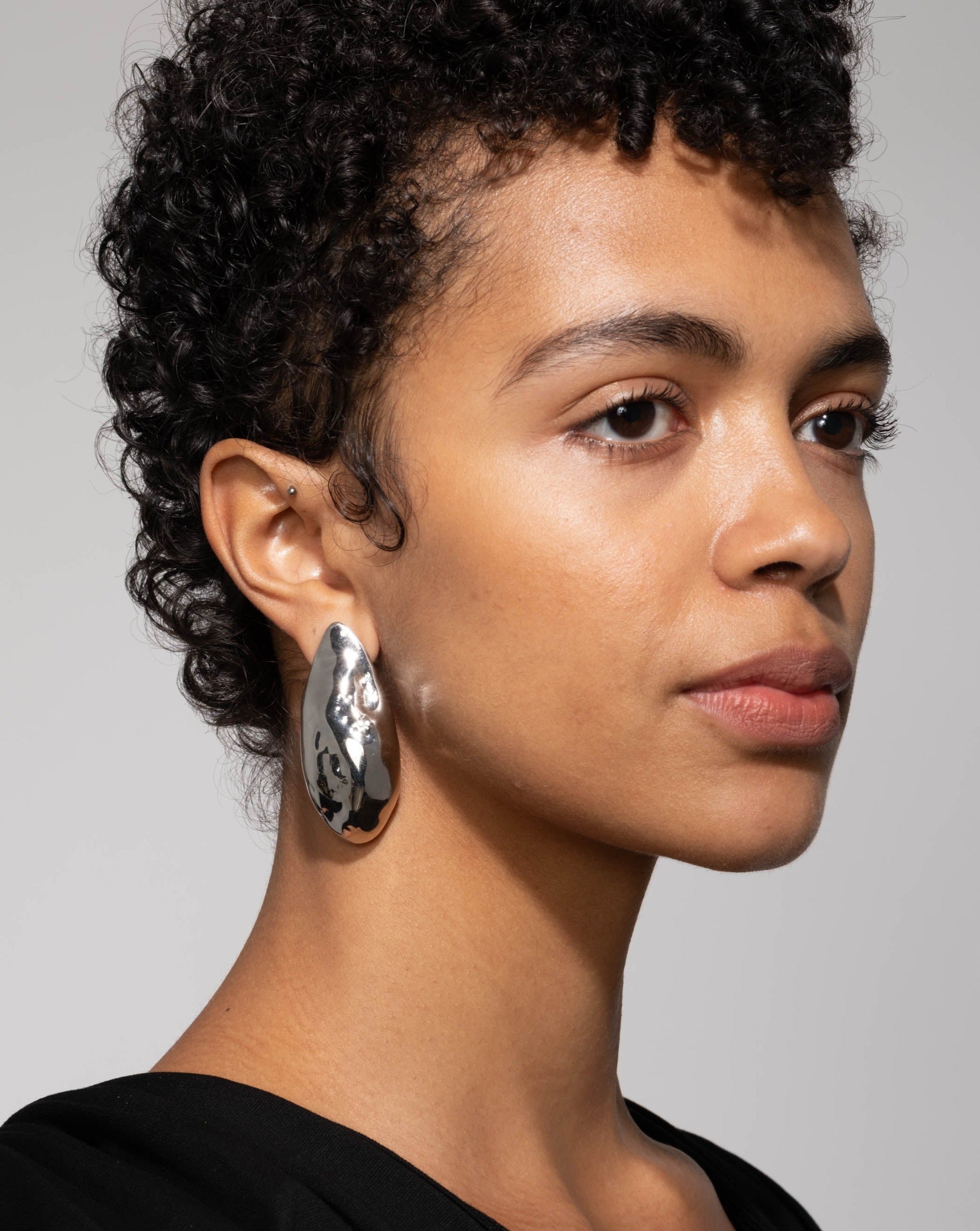 Molten Silver Puffy Teardrop Post Earring