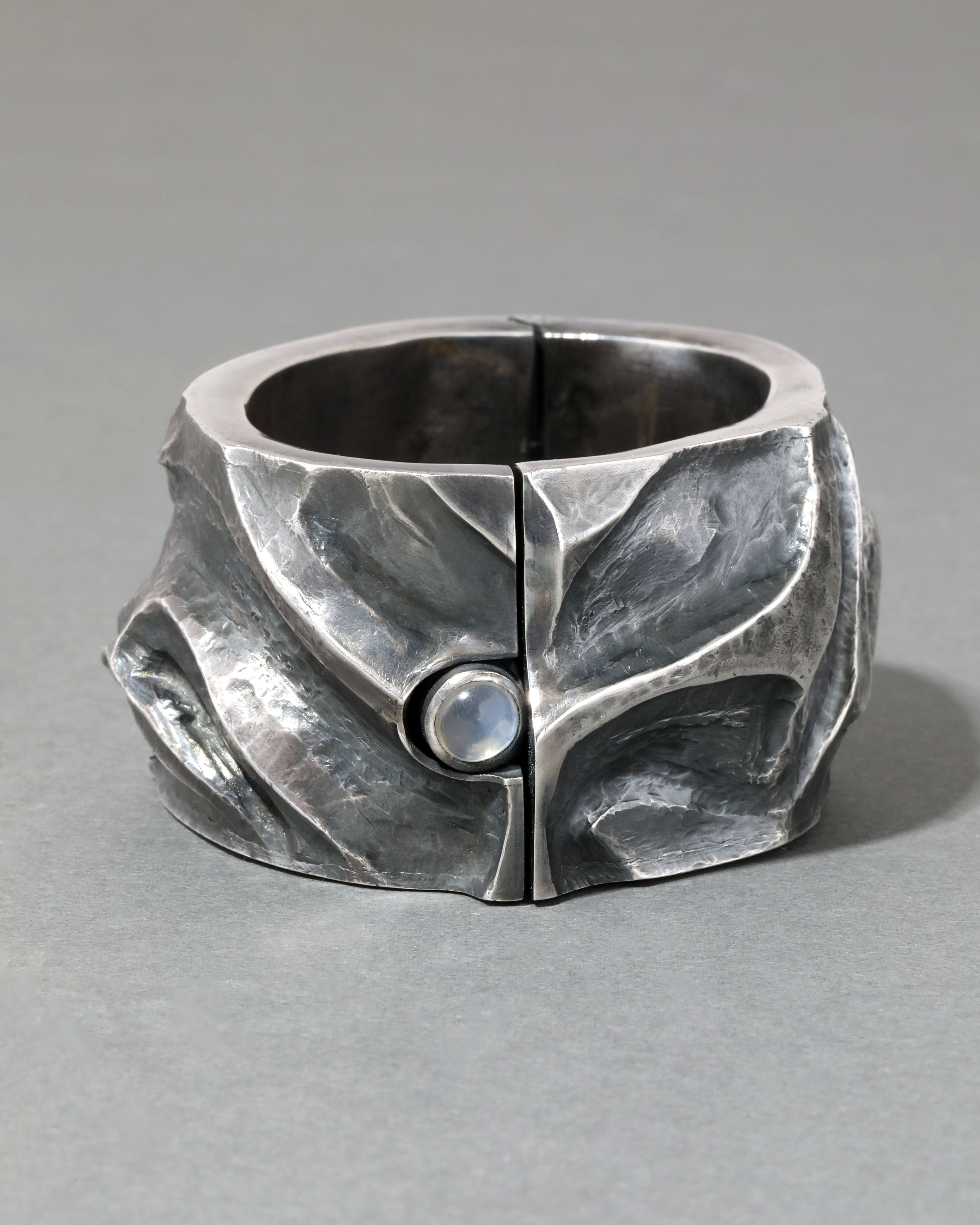 Sterling Silver Cuff: top Pan sail boat ocean scene sterling silver cuff by designer Loretta Rueben, sample 950 silver. Pliable adjustable.11536