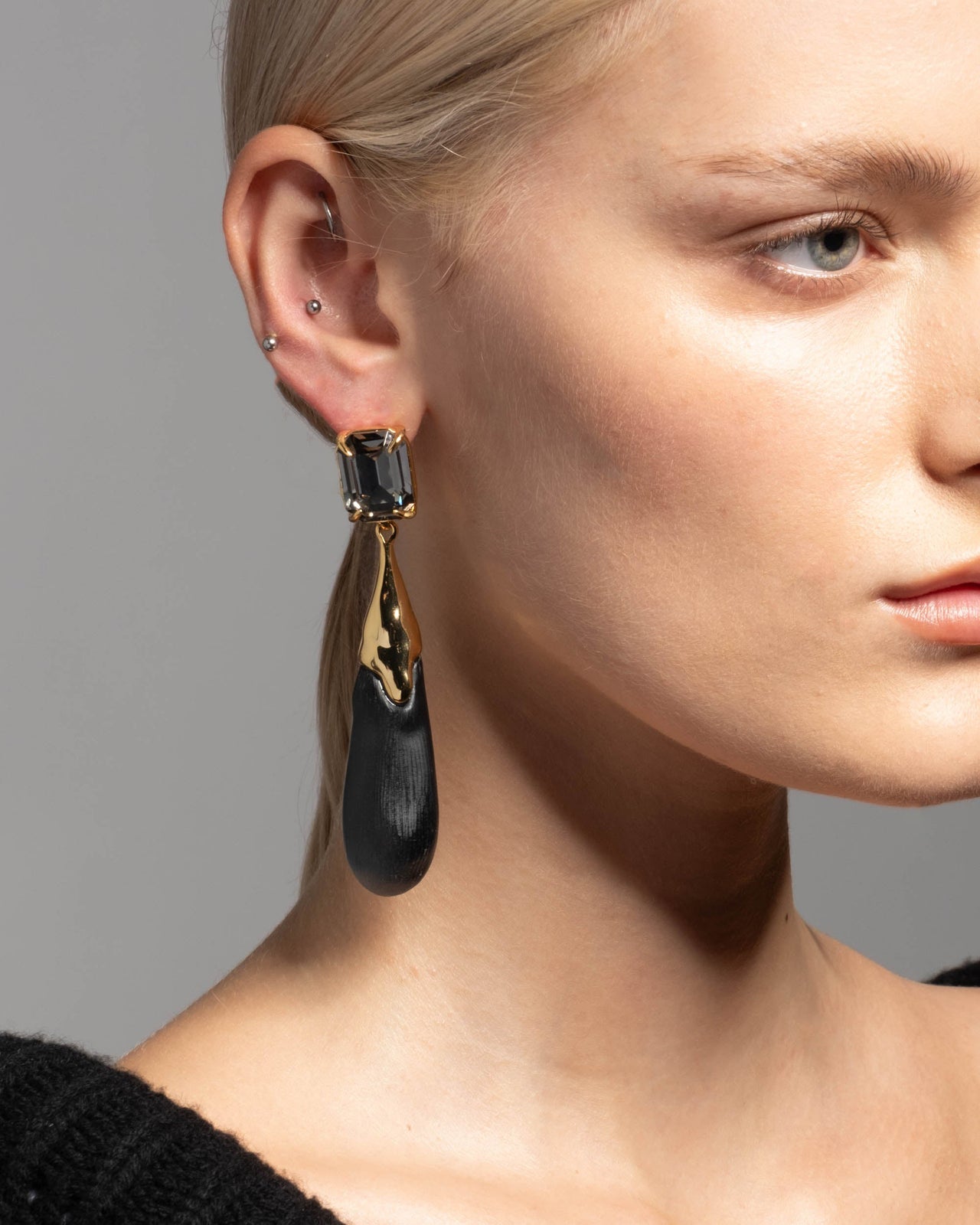 Bonbon Crystal Large Teardrop Earring- Black - Photo 2