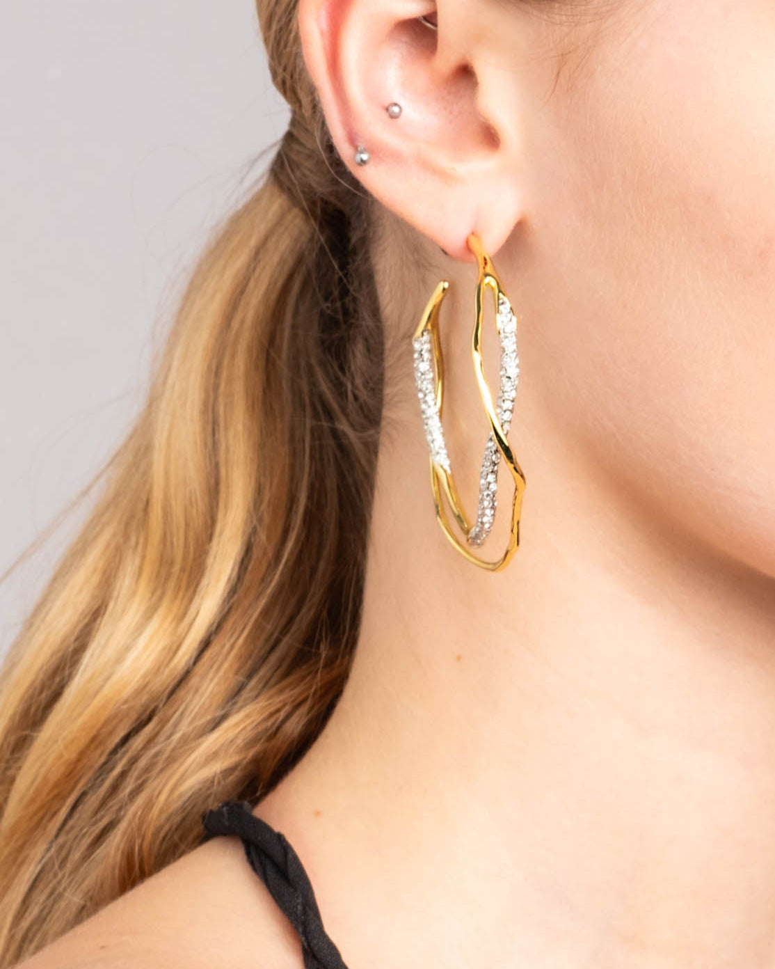 Intertwined Gold Two Tone Pave Hoop Earring - Photo 2