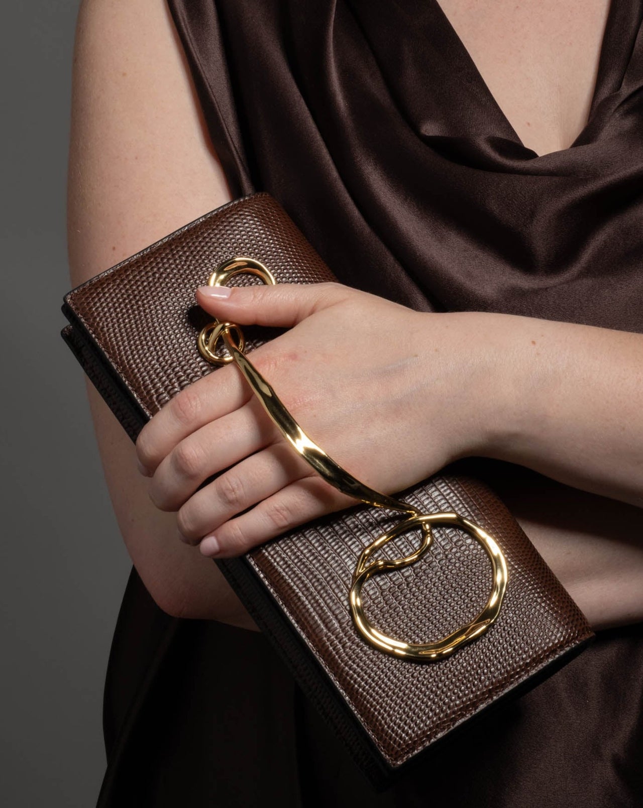 Twisted Gold Side Handle Clutch- Chocolate - Photo 2