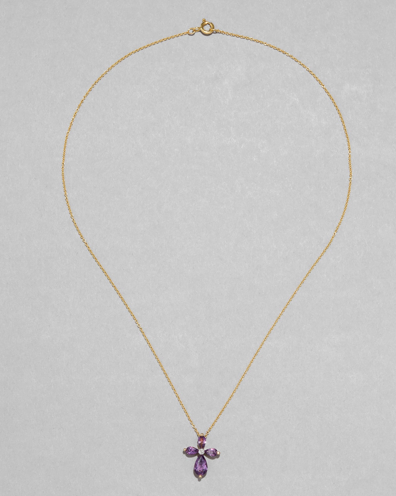 Vintage 1980s 10k Gold Pear Cut Amethyst Cross with Diamond Center Pendant Necklace - Photo 2