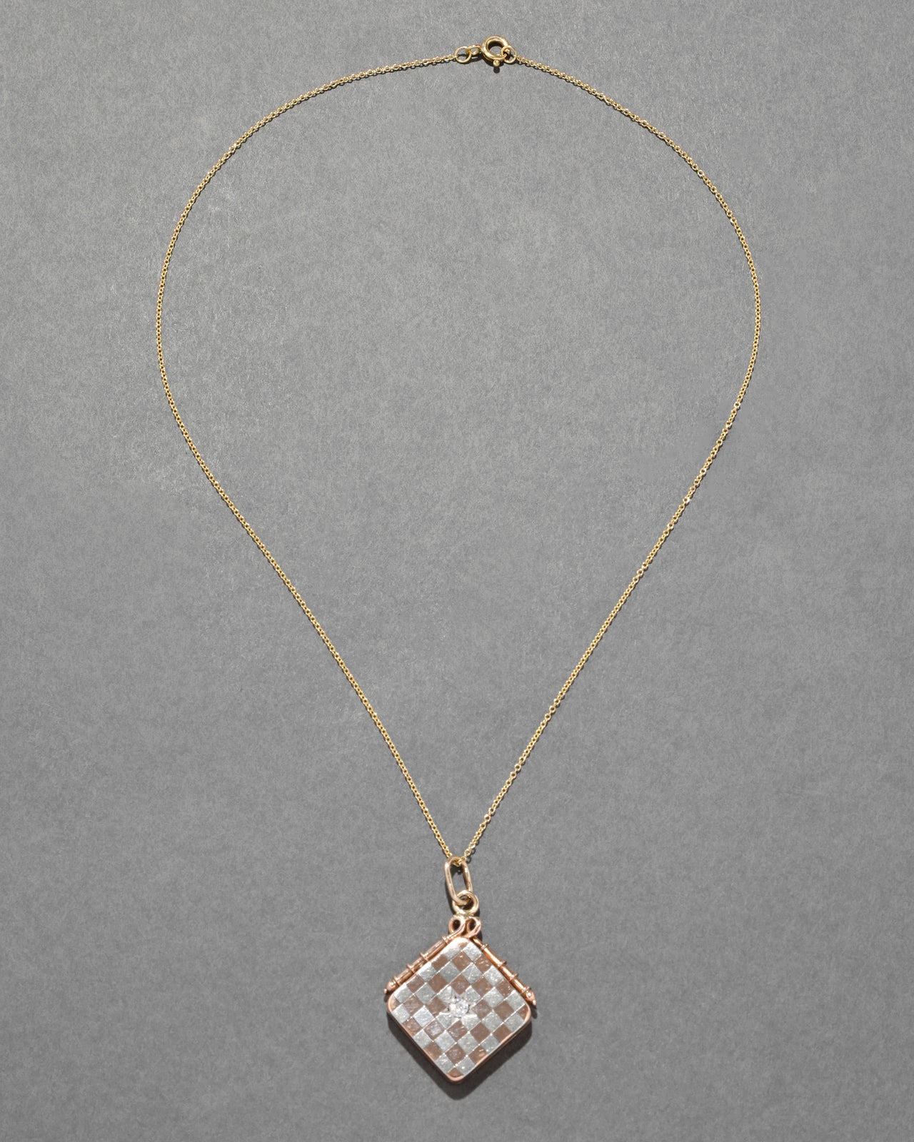 Vintage 14k Rose Gold & White Gold Two Tone Checkerboard with Diamond Locket Necklace - Photo 2