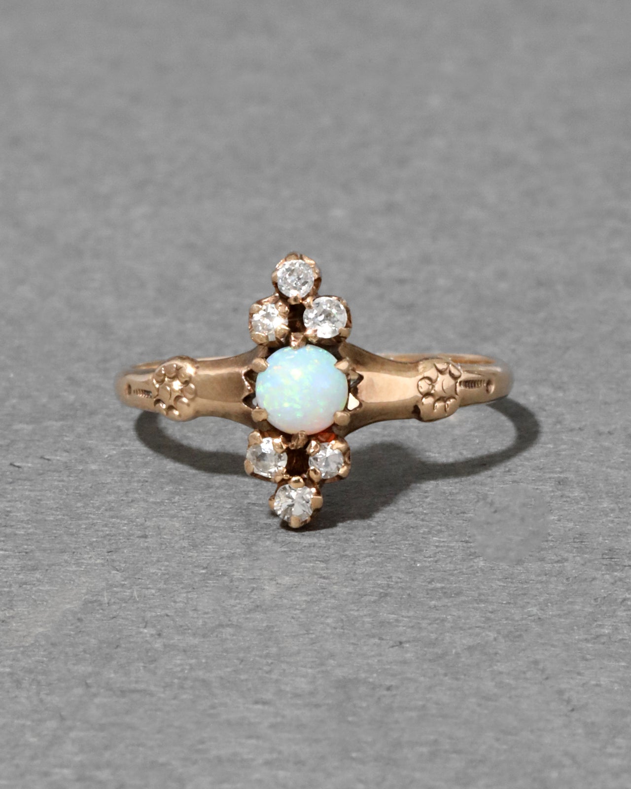 Antique Victorian 1800s 10k Gold with Natural Opal & Diamonds in Floral Shank Ring - Photo 2