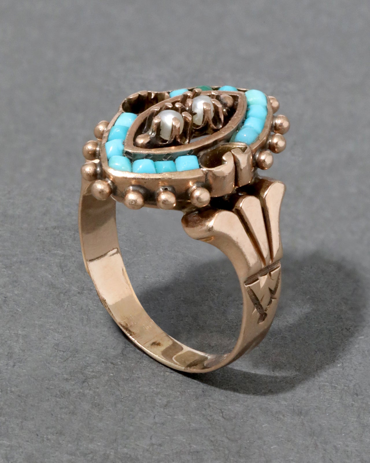 Antique 1800s 14k Gold with Persian Turquoise Surrounding Natural Seed Pearls in Architectural Design Ring - Photo 2