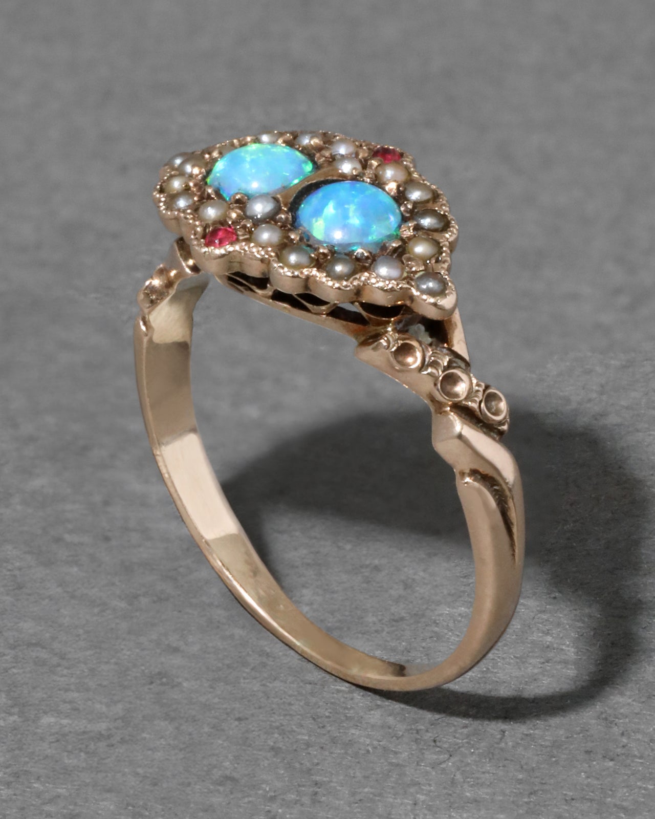 Antique 1800s 14k Gold with Natural Opals Surrounded by Seed Pearl & Ruby Ring - Photo 2