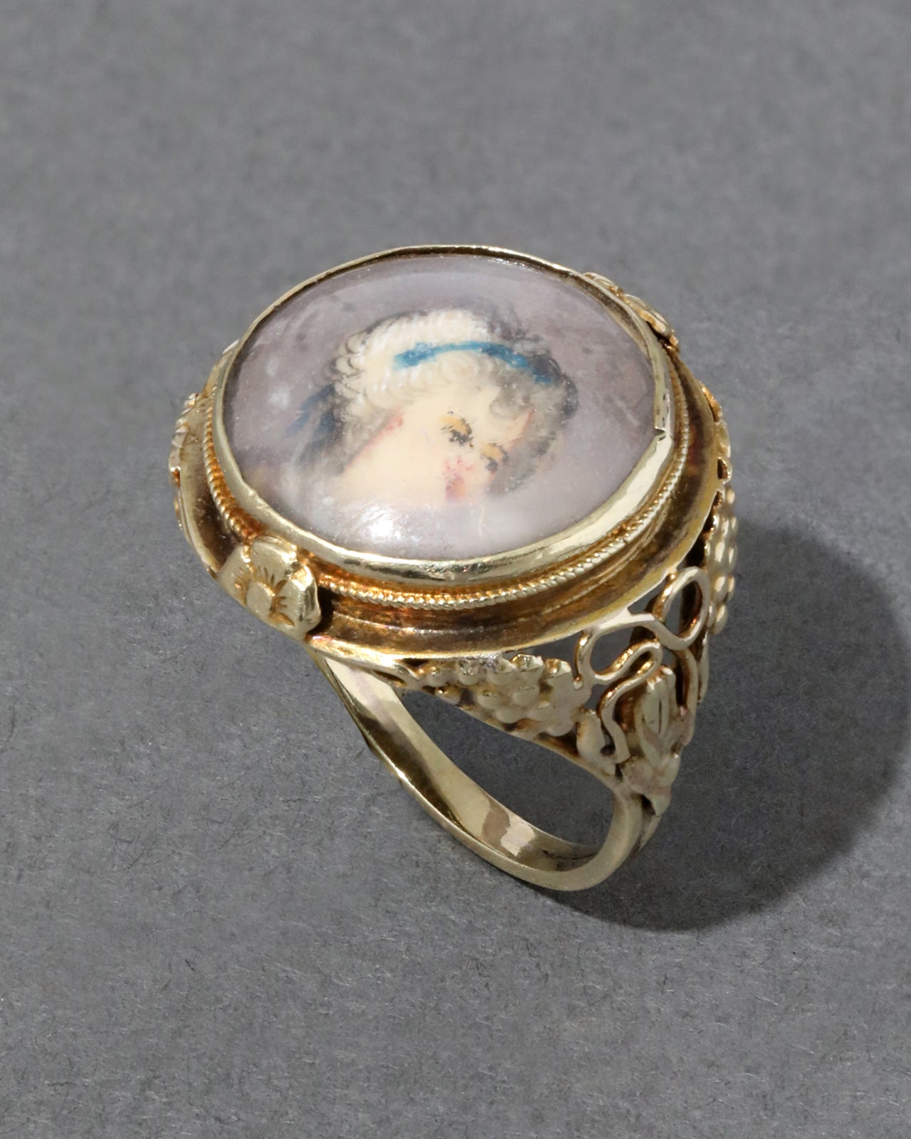 Antique Early 1800s 14k Gold English Hand Painted Portrait Floral Shank Ring - Photo 2