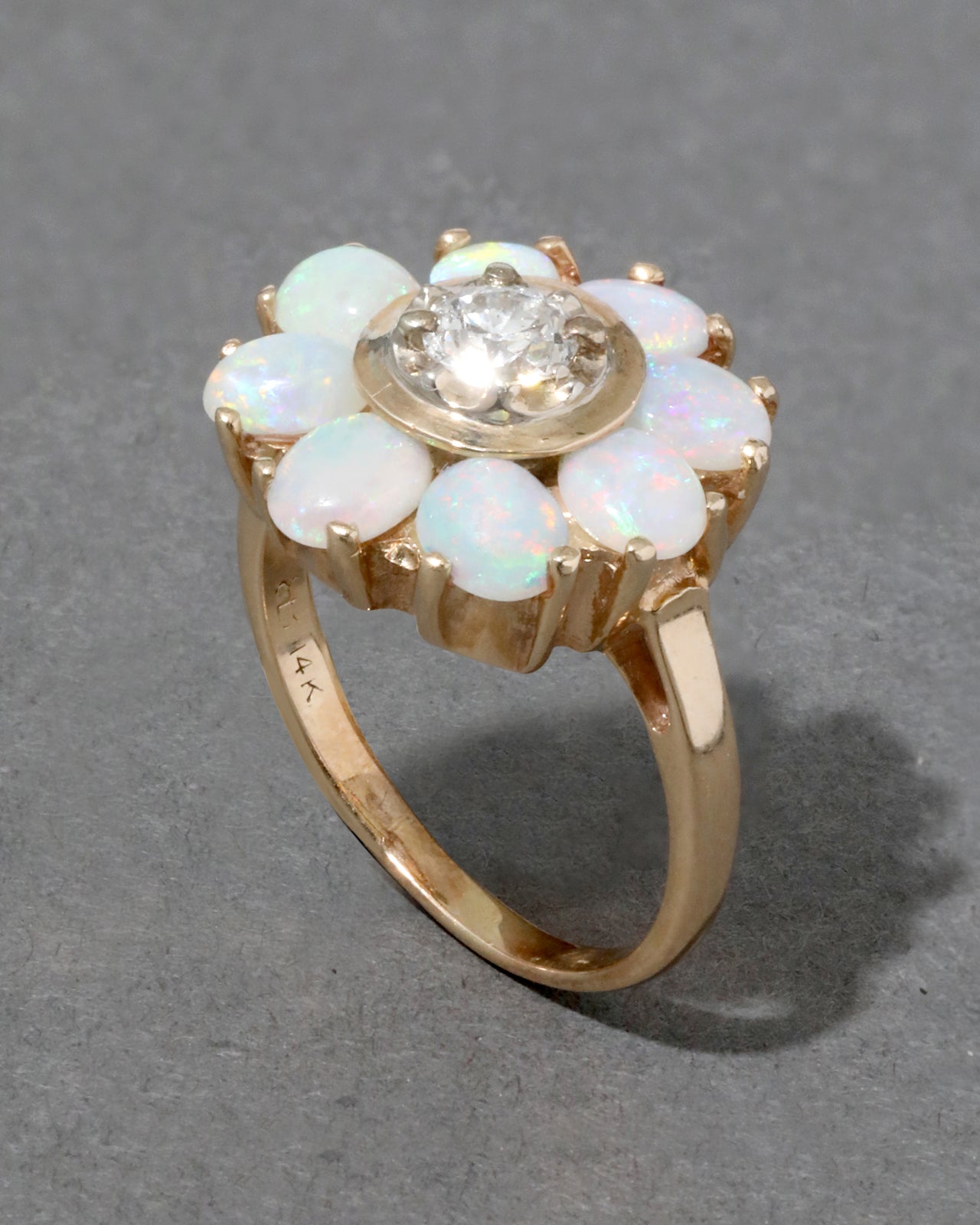 Vintage 1950s 14k Gold with Opal Cabachon & Diamond Flower Ring - Photo 2