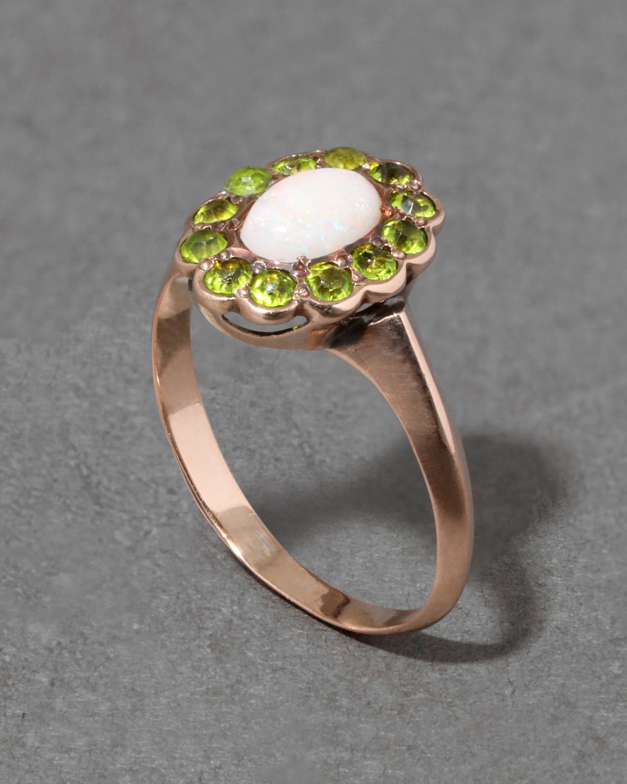 Antique 1890s 10k Rose Gold with Opal in Peridot Halo Ring - Photo 2