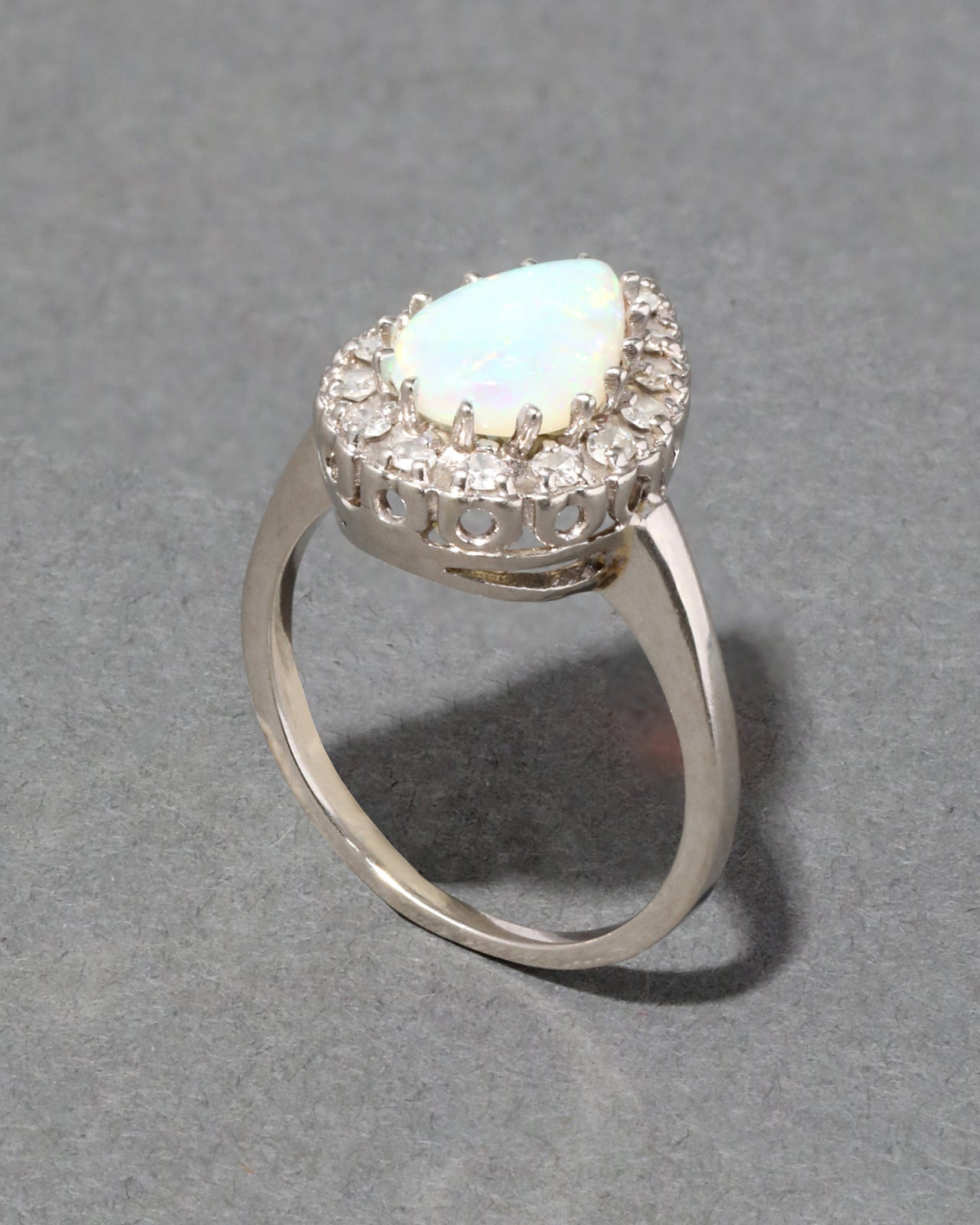 Vintage 1950s 14k White Gold Opal & Diamond Halo Ring - Photo 2