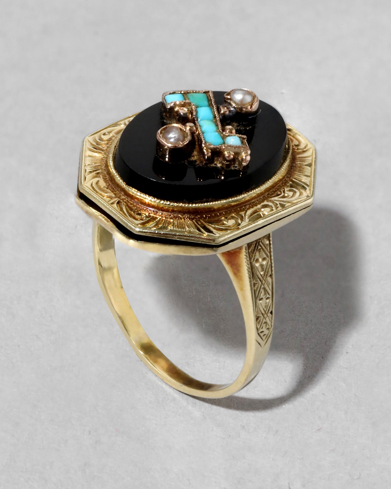 Antique 1800s 14k Gold Hand Etched Poison Locket Ring with Onyx, Natural Pearl, & Persian Turquoise - Photo 2