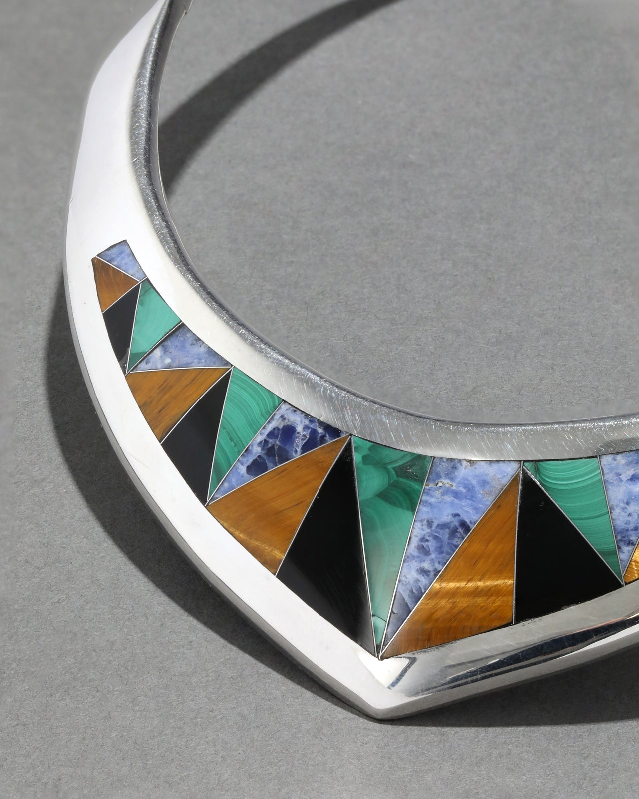 Vintage 1980s Sterling Silver with Malachite, Lapis, Cats Eye, Onyx Inlay Collar Necklace - Photo 2