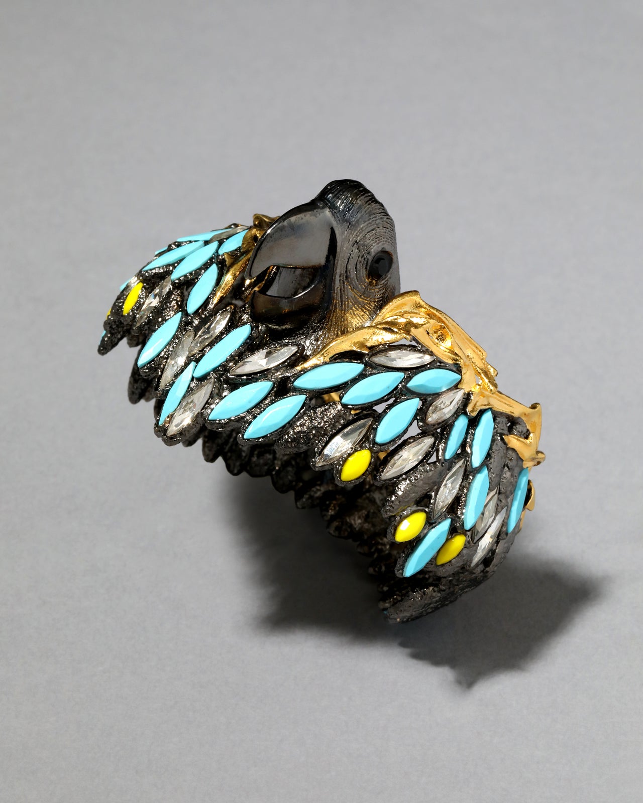 Archive Two Toned Parrot 14K Gold with Rhodium and Marquis Crystal Feather Hinge Bracelet - Photo 2