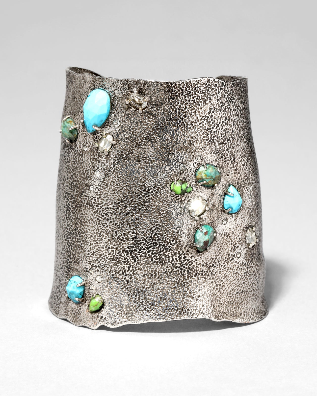 Archive Textured Gunmetal Cuff Bracelet with Faceted Mojave Turquoise and Crystals - Photo 2